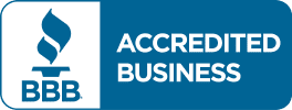 BBB Accredited Business logo with a blue background, white flame symbol, and the words "Accredited Business" displayed next to the BBB initials.